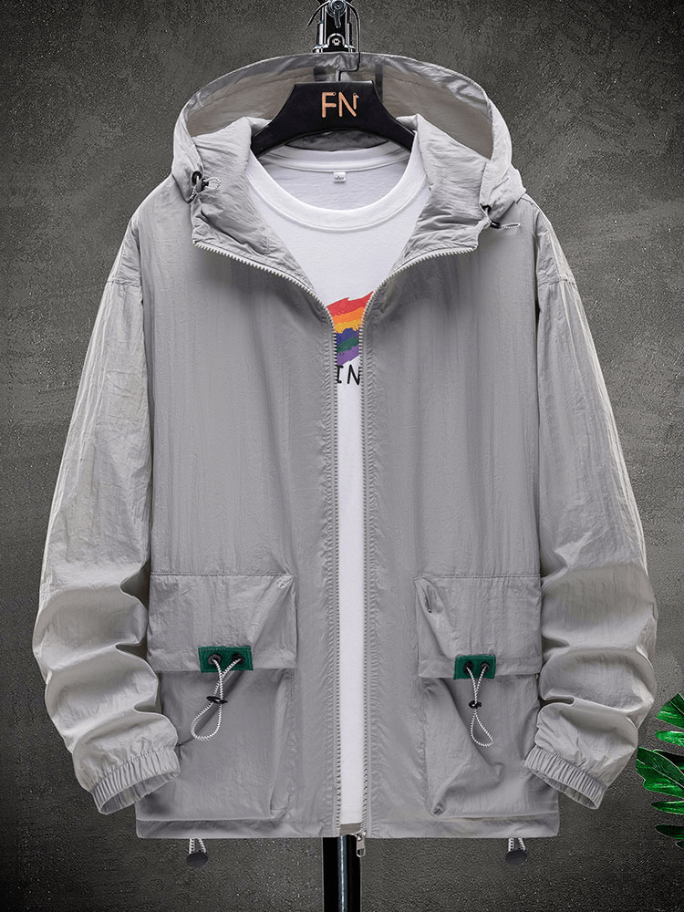 Ultra-Light Multi-Pockets Proof Windbreaker with Hood in gray, featuring a stylish design with zipper closure and water-proof material.